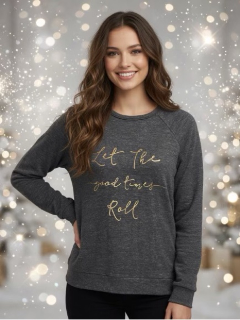 Gray "Let The Good Times Roll" Gold Graphic Sweater